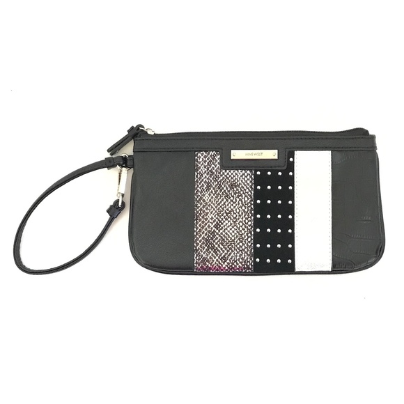 Nine West Wristlet Clutch Bag Color Block Black Gray Cream Studded Detail Pouch - Picture 1 of 16